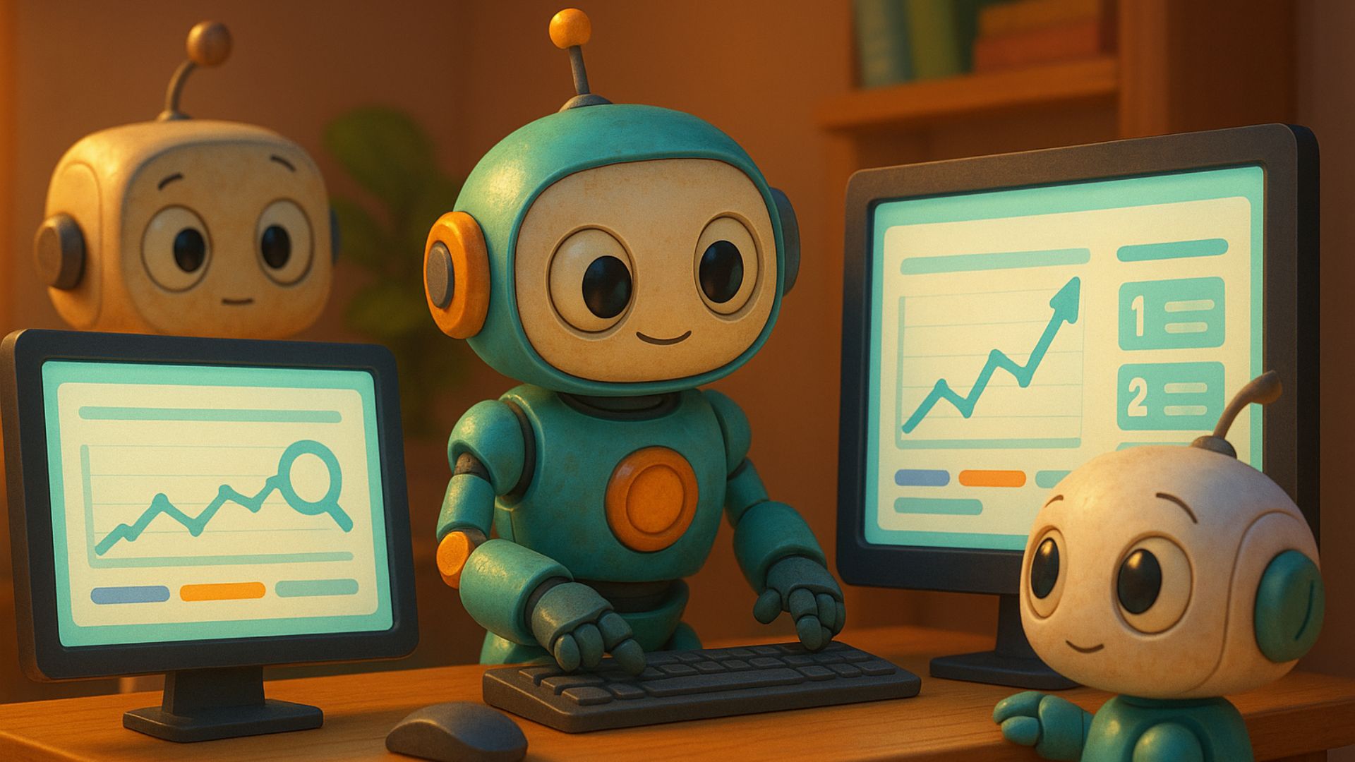 Pixar-style 3D illustration of cute robots analyzing ChatGPT AI search rankings on computer screens, representing rank tracking tools.