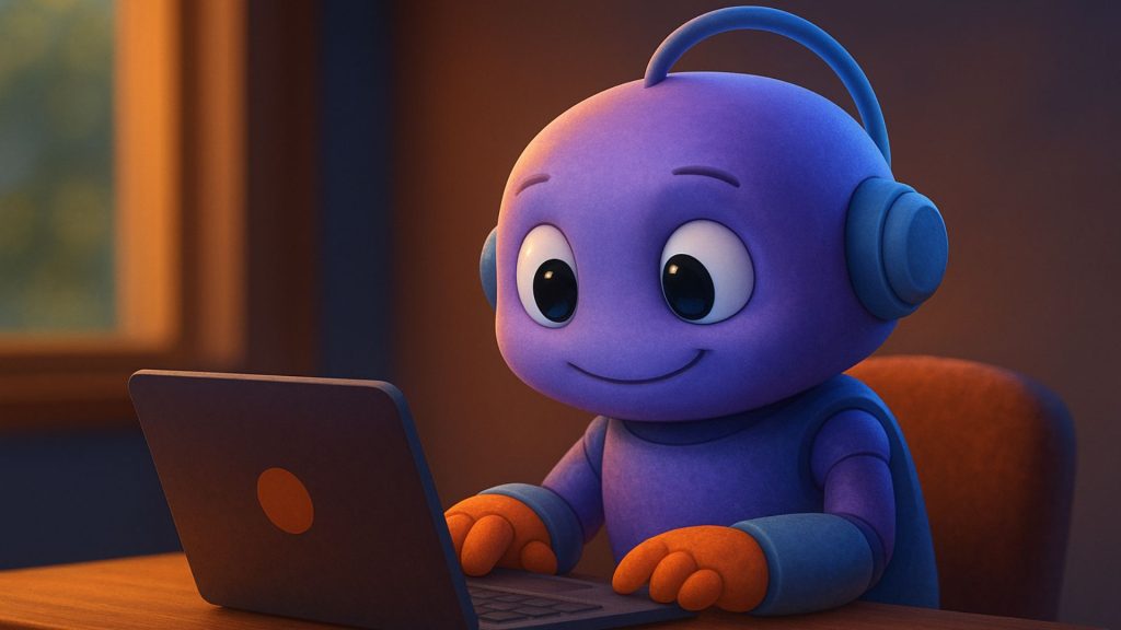 Futuristic control hub connecting glowing AI engines in a Pixar-style horizontal scene