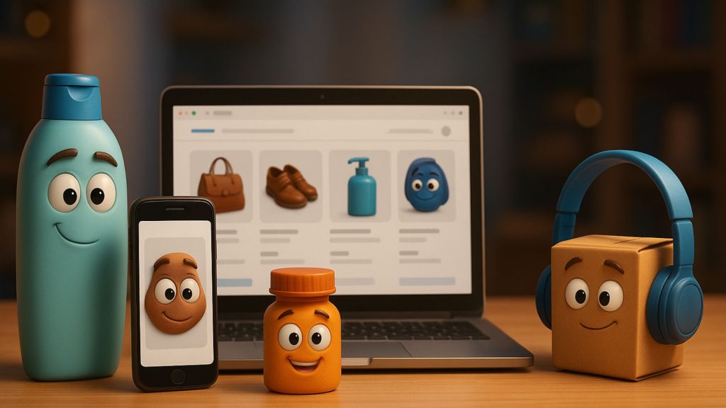 Pixar-style horizontal scene with friendly product mascots, laptop and phone, representing AI-driven product visibility