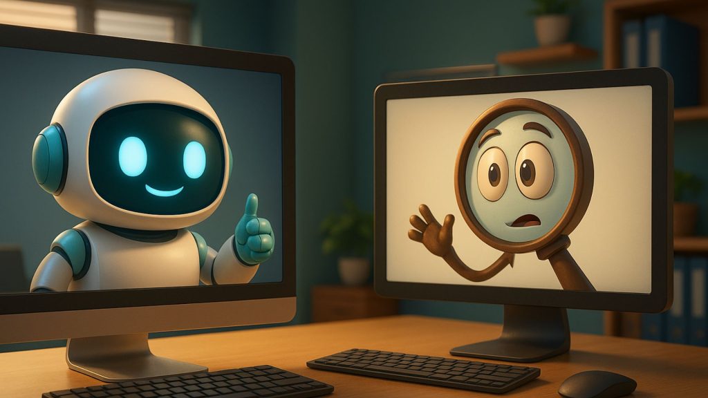 Pixar-style robot and magnifying-glass characters on monitors symbolizing AI engines vs traditional search.