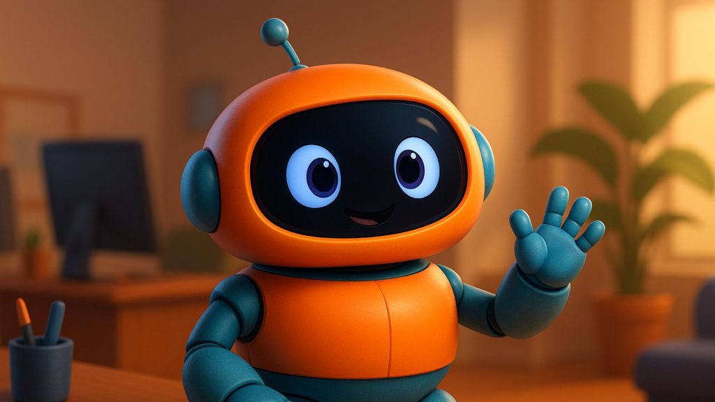 Pixar-style 3D robot character waving in a bright modern office environment