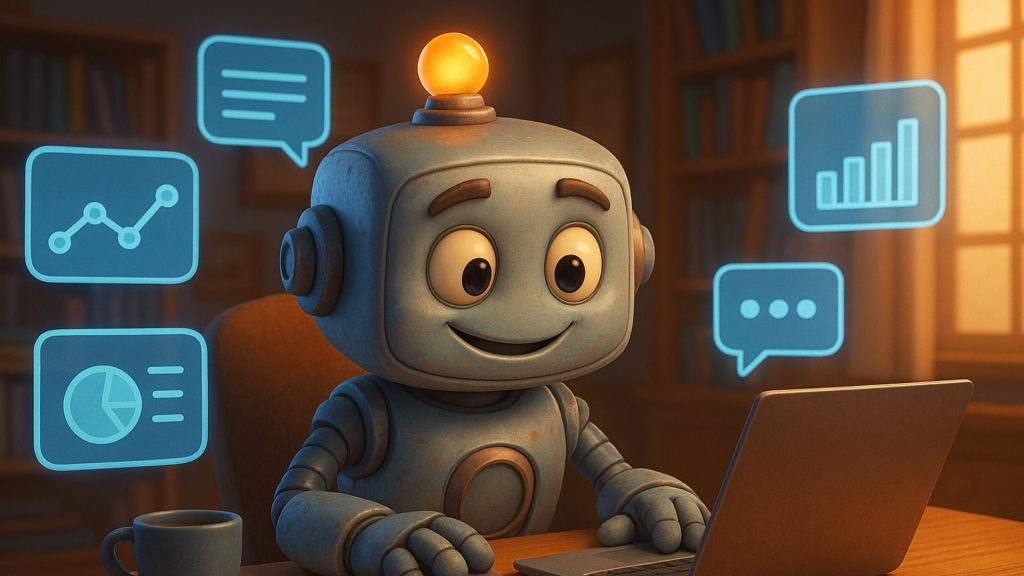 Pixar-style 3D robot sitting at a desk using a laptop with glowing data charts, symbolizing AI Rank Checker tracking AI engines.