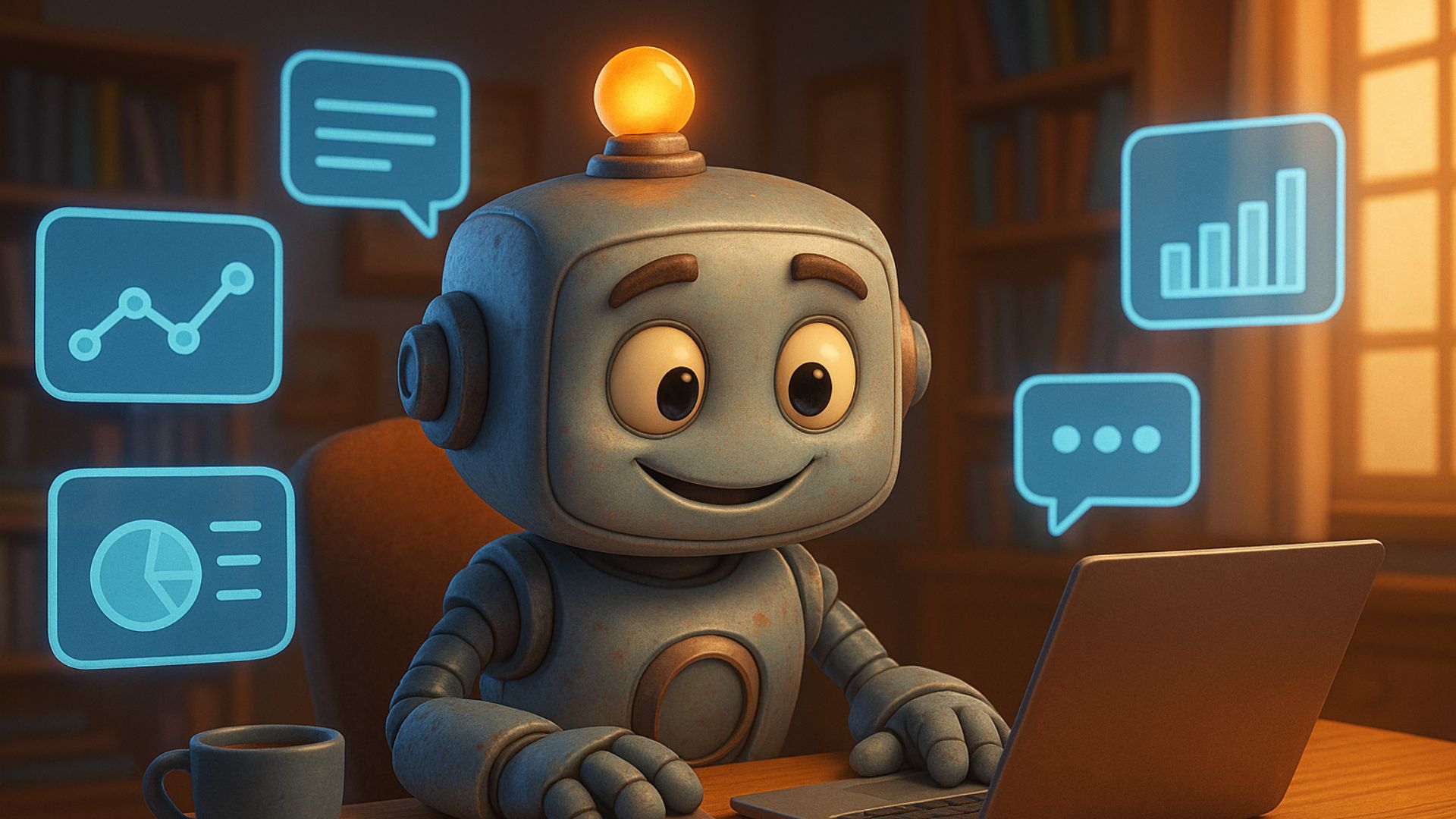 Pixar-style 3D robot sitting at a desk using a laptop with glowing data charts, symbolizing AI Rank Checker tracking AI engines.