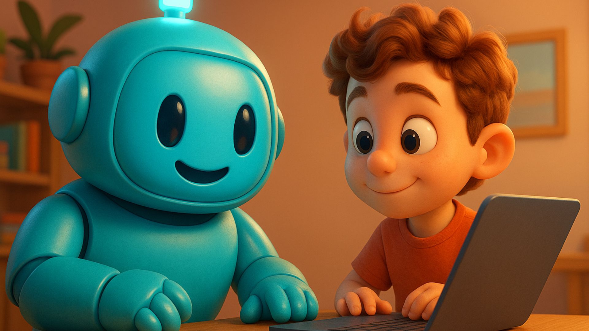Pixar-style AI robot and boy using laptop representing AI-powered search engines