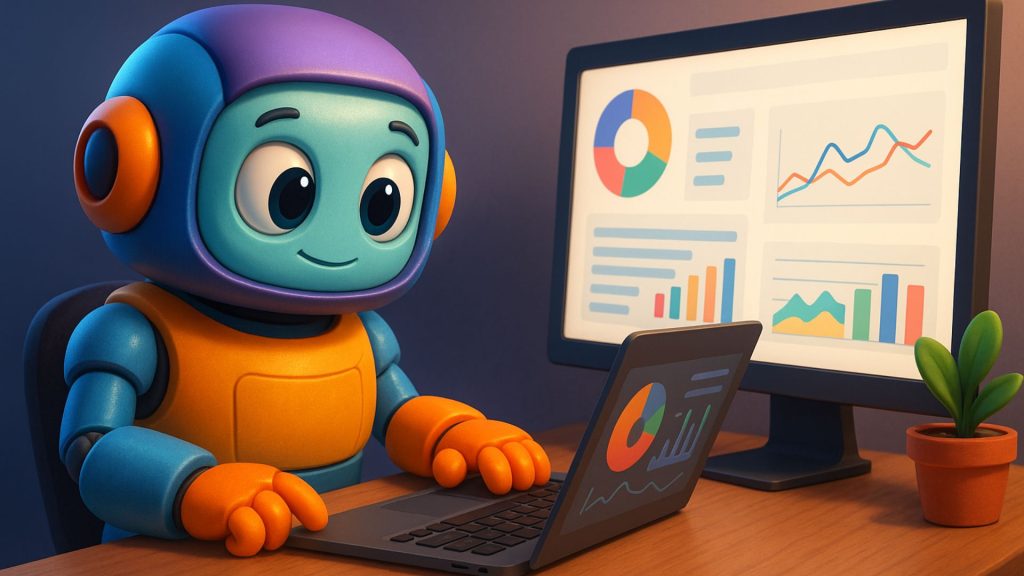 3D Pixar style robot analyzing data on laptop and monitor with colorful charts, representing AI tools and analytics.