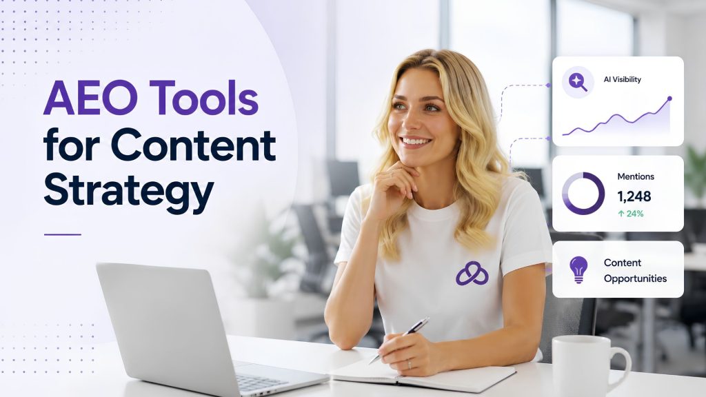 a lady showing aeo tools for content strategy